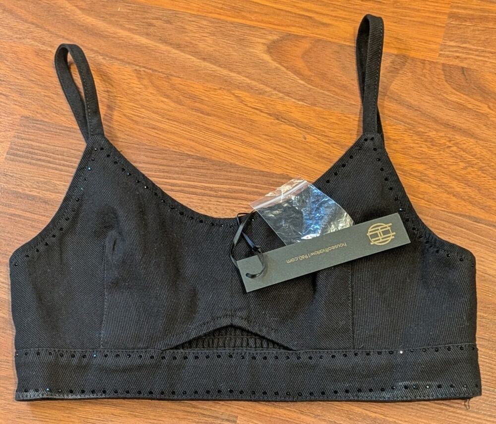 NWT House of Harlow 1960 Black Rhinestone Bralette Crop Top Size 2